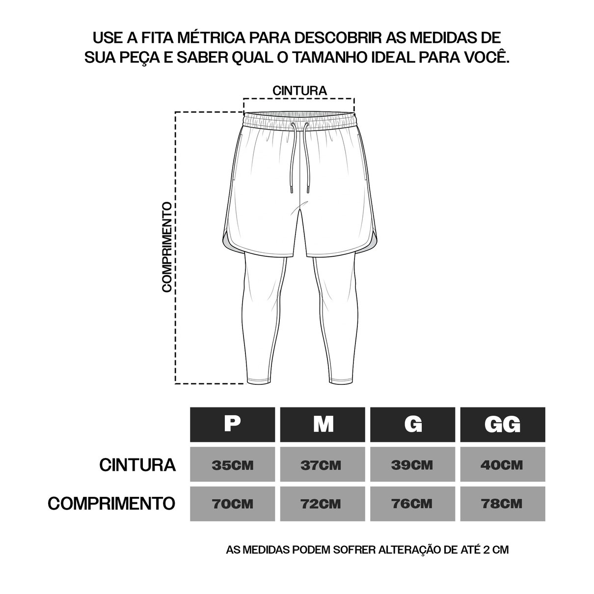 tabela shorts calca